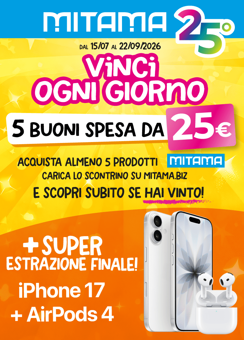 immagine decorativa per dispositivi mobile del Concorso 25 anni con Mitama vinci ogni giorno 5 buoni spesa da 25€ e in estrazione finale iPhone 17 e AirPods 4
