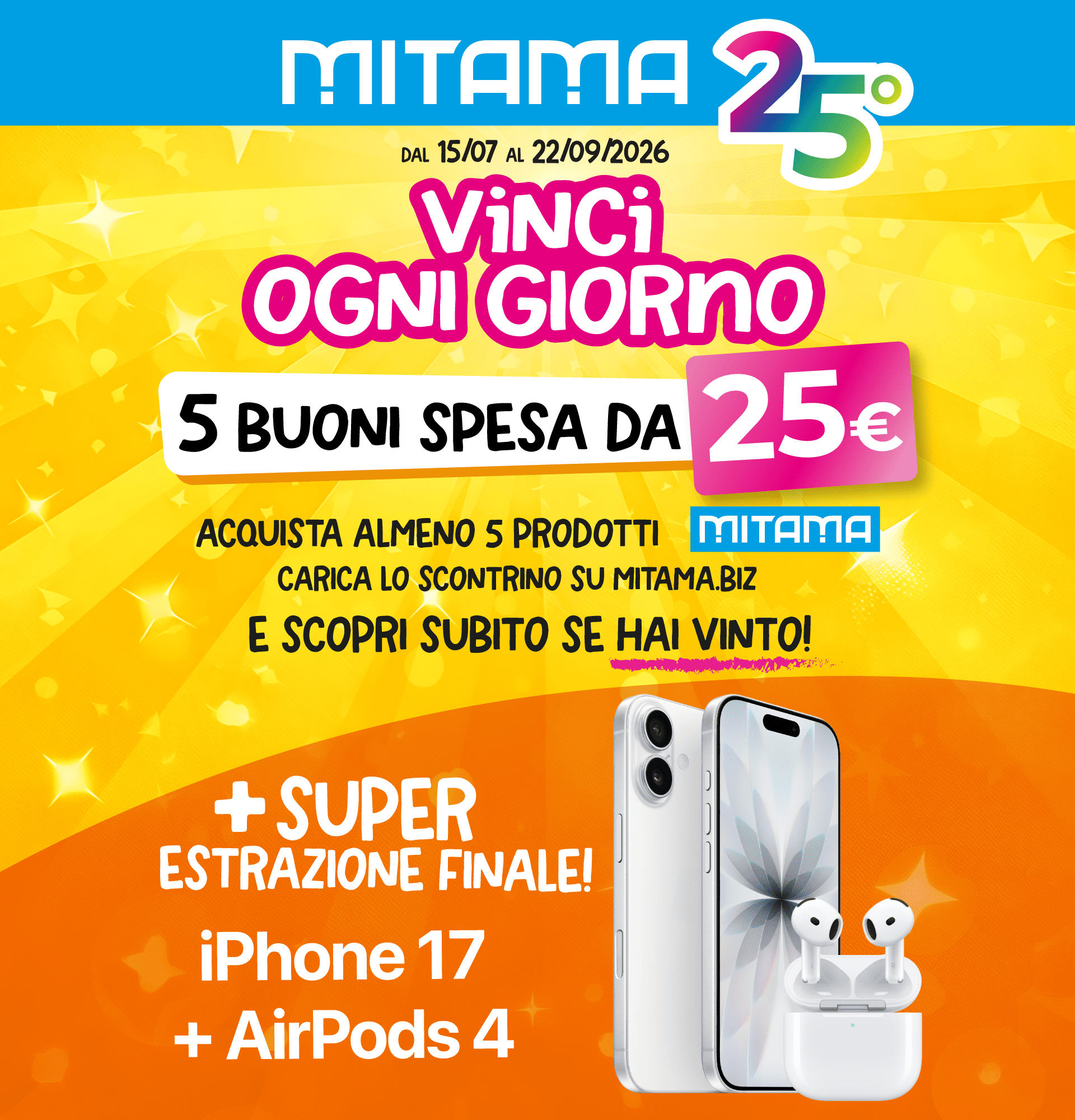 immagine decorativa per dispositivi desktop del Concorso 25 anni con Mitama vinci ogni giorno 5 buoni spesa da 25€ e in estrazione finale iPhone 17 e AirPods 4